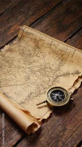 Wallpaper Mural Old map and compass on wooden table, vintage exploration concept Torontodigital.ca