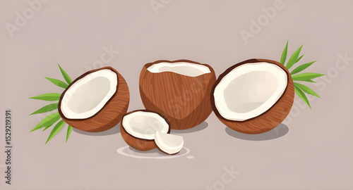 Coconut vector, Whole coconut, Coconut illustration, Coconut half, Coconut with shell, Open coconut, Tropical coconut, Coconut clipart, Coconut on white, Coconut meat, Coconut water, Brown coconut, Gr
