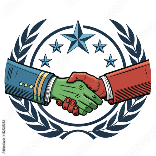 Design a galactic peace treaty emblem featuring two alien hands clasped together, symbolizing unity.  Include celestial elements.