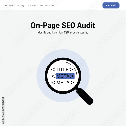 On page seo audit illustration magnifying glass title meta tags website optimization