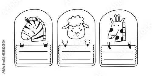 Cute doodle school name tag kids animals. Animal character label card frame collection. Cartoon vector illustration