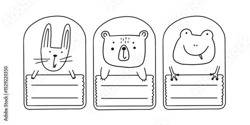 Cute doodle school name tag trendy animals. Animal character label card frame collection. Cartoon vector illustration