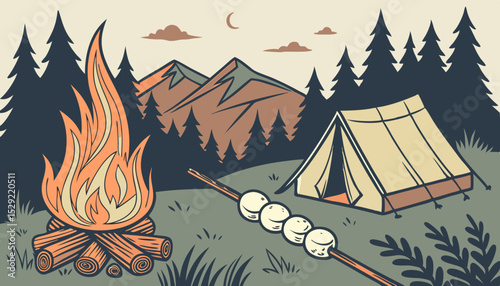 Camping with burning fire and roasted white marshmallows on stick. Forest campsite. Hiking adventure. Food cooking on campfire. Blazing firewood. Summer landscape. Vector camp bonfire                 