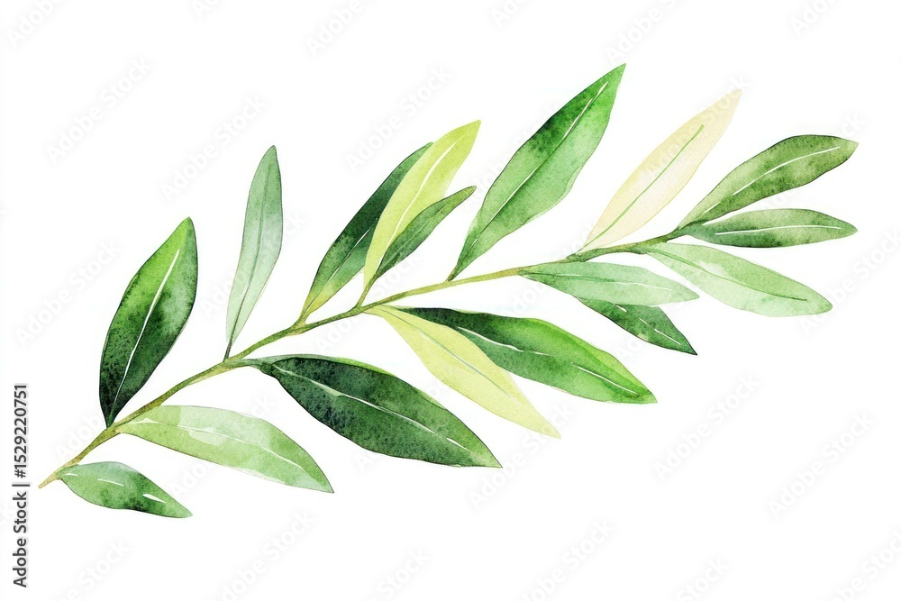 Fototapeta premium Summer olive branch illustration watercolor leaves.