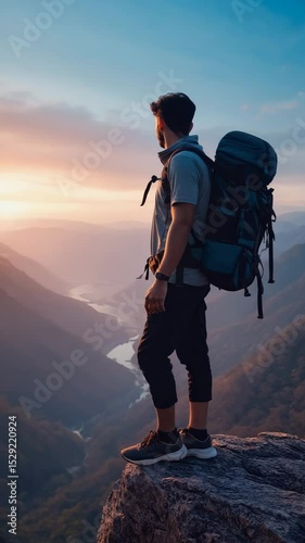 Wallpaper Mural Man hiking in the mountains at sunrise, adventure travel Torontodigital.ca