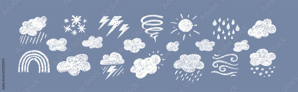 © sapunkele - Crayon icons of weather, clouds and sun in sky. Doodle clouds with rain, lightning, snow, storm with chalk texture. Cute summer and winter weather icons drawn with crayon pencils, vector illustration