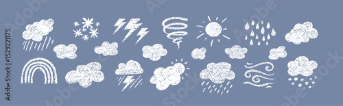Crayon icons of weather, clouds and sun in sky. Doodle clouds with rain, lightning, snow, storm with chalk texture. Cute summer and winter weather icons drawn with crayon pencils, vector illustration