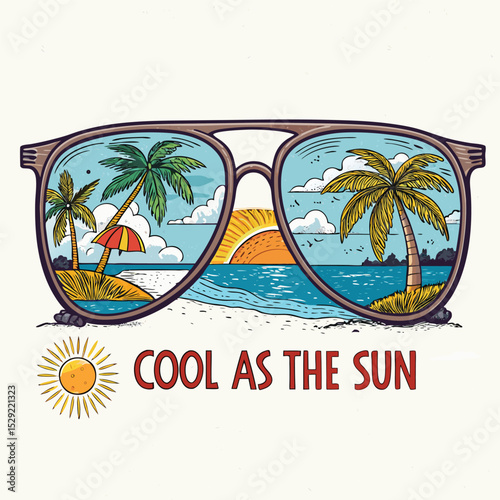Stylish groovy sunglasses reflecting a vibrant beach scene, showcasing a cool, summery vibe.
