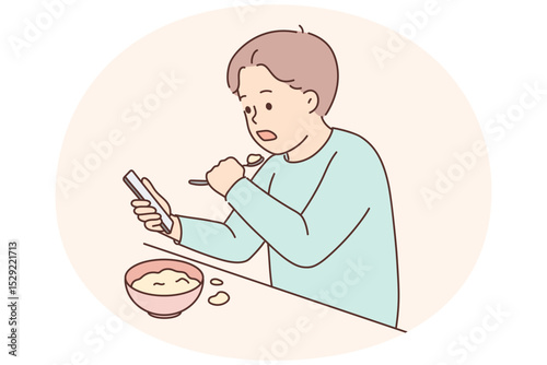 Child eat watching cartoons on cellphone