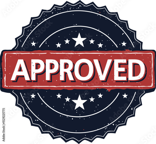 Approved Stamp: A distressed, vintage-style circular stamp with the word "APPROVED" prominently displayed in bold white lettering on a red banner.  The stamp features a dark navy blue background.