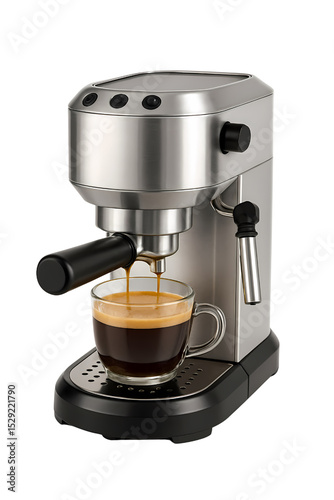 Modern espresso machine brewing rich coffee in clear glass cup on sleek countertop