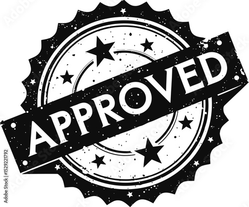 Approved Seal: A vintage black and white graphic of an "APPROVED" seal, conveying the concepts of confirmation, endorsement, and validation with a touch of retro flair.
