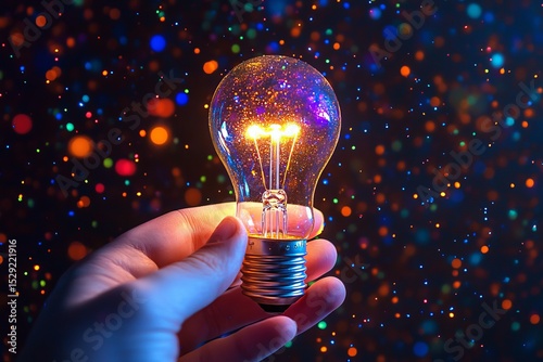 Hand holding glowing light bulb with sparkling bokeh in background symbolizing creativity and ideas