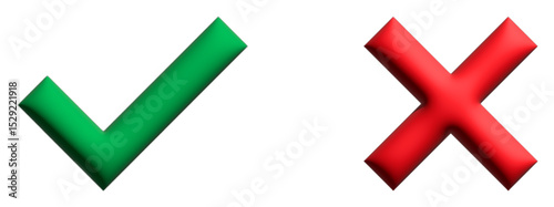 Illustration of green check mark, red cross symbols on white background. Positive, negative signs for web, app, interface, design. Check mark means yes, approval, correct choice. Cross mark means no,