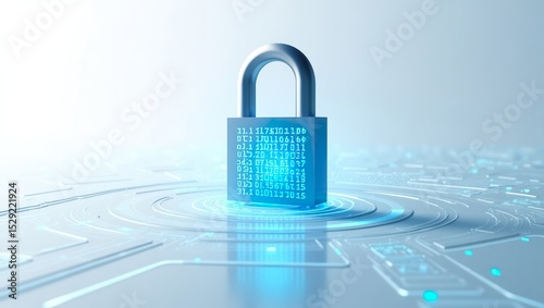 Cybersecurity concept with digital padlock on bright tech background, representing data protection, encryption, and safe network