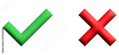 Illustration of green check mark, red cross symbols on white background. Positive, negative signs for web, app, interface, design. Check mark means yes, approval, correct choice. Cross mark means no,