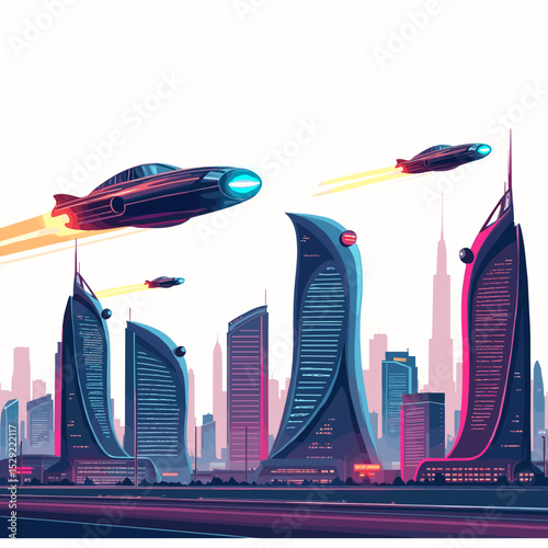 Futuristic skyscraper city with fighter jets soaring above and glowing high-speed roadway curving around skyline, sci-fi urban concept