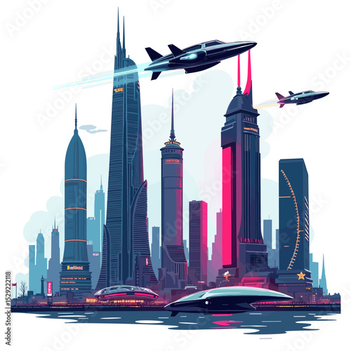 Futuristic skyscraper city with fighter jets soaring above and glowing high-speed roadway curving around skyline, sci-fi urban concept