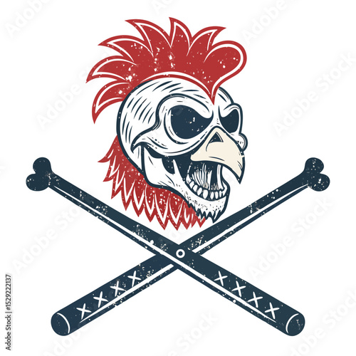 Design a grunge-style logo featuring a chicken skull with crossed drumsticks, emphasizing a distressed, vintage aesthetic.