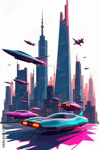 Futuristic skyscraper city with fighter jets soaring above and glowing high-speed roadway curving around skyline, sci-fi urban concept