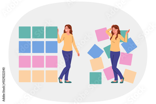 Woman engaged in computer science and business analytics structures chaotically scattered blocks. Concept importance of structuring in analysis and processing of big data or computer science