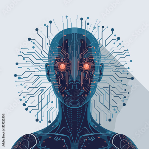 Futuristic circuit-board cyborg head with glowing red eyes and electronic circuits. High-tech and AI concept in vector form