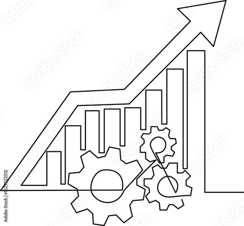 Continuous one single line drawing Productivity bar chart with gear icon vector illustration concept, Editable Stroke.
