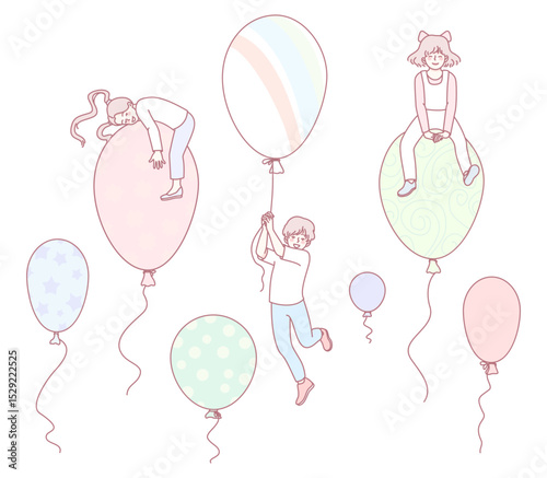 A colorful and vibrant illustration depicts characters joyfully interacting with numerous balloons in a playful setting