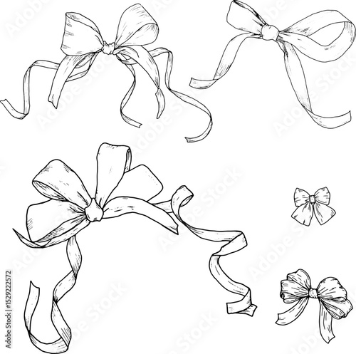 A set of bows and ribbons for holidays and gifts. Black and white vector illustration. Hand-drawn ink bow sketch in a simple style for birthday, wedding or Christmas celebrations.