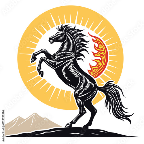 A majestic horse rears dramatically against a vibrant, stylized sun emblem, radiating intense light and energy.  The scene is dynamic and powerful.