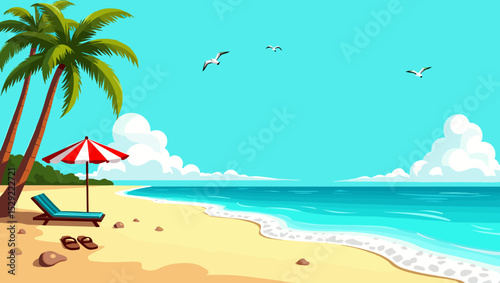 Tropical beach with palm trees, deck chair, umbrella, and sandals near the sea. Vector summer vacation illustration