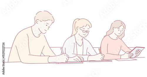 Students engage in collaboration that highlights papers and devices, enhancing their overall learning experience