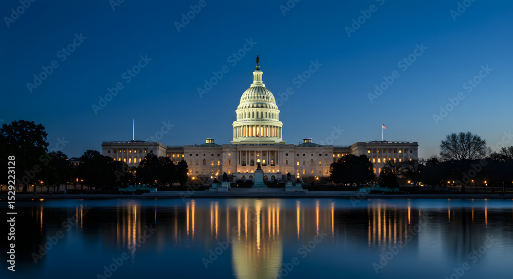 Obraz premium Night View of the United States Capitol Building in Washington, D.C., Featuring Illuminated Architecture and Iconic American Landmark Scenery