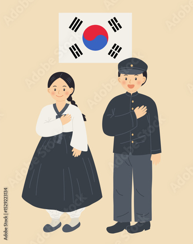 Korean illustration with a man and woman wearing hanbok and saluting the national flag