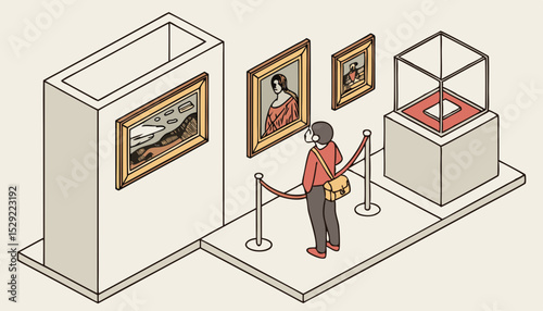 Art Gallery Visitor Observing Contemporary And Classical Artwork In Isometric Style                     