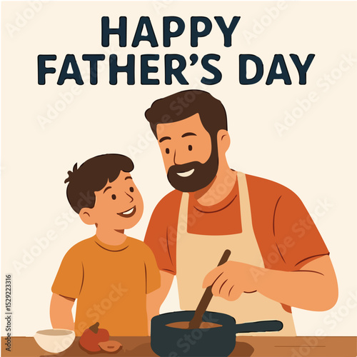 A heartwarming Father’s Day illustration of a father and son joyfully cooking together in the kitchen. Ideal for greeting cards, parenting blogs, family content, and celebration-themed projects.