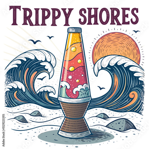 Surreal digital art depicting a lava lamp melting into vibrant, swirling beach waves; trippy, psychedelic coastal scene.