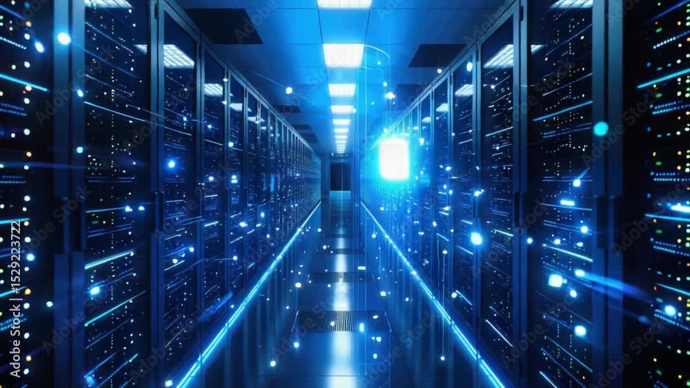 Step into a high-tech data center brimming with servers and illuminated by dynamic blue lights. Witness the cutting-edge technology that powers modern data storage