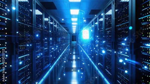 Step into a high-tech data center brimming with servers and illuminated by dynamic blue lights. Witness the cutting-edge technology that powers modern data storage