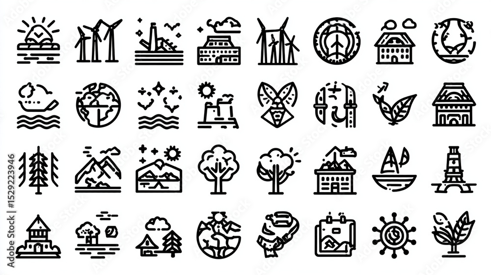 Fototapeta premium Line art icons depicting nature environment and technology.