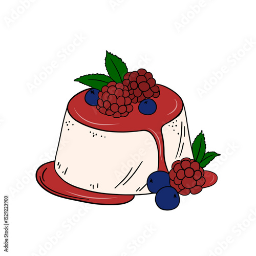 Delicious panna cotta dessert with berries and fruit sauce sweet baked dessert confectionery. Baked sweet treats dessert. Outline food art pastry
