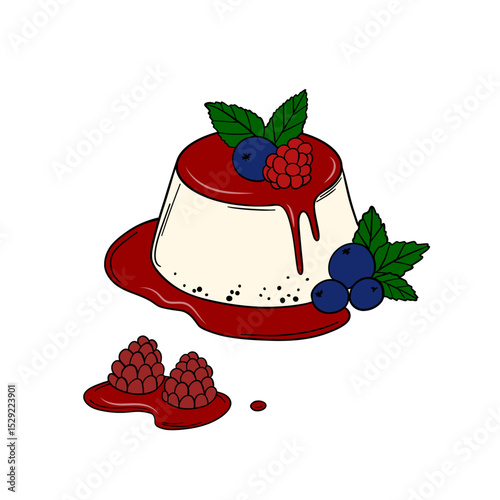 Delicious panna cotta dessert with berries and fruit sauce sweet baked dessert confectionery. Baked sweet treats dessert. Outline food art pastry