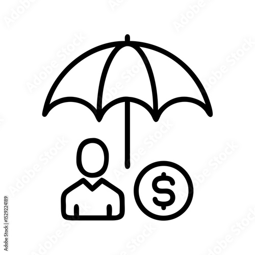 An illustration of a person protected by an umbrella and money, symbolizing insurance and financial security