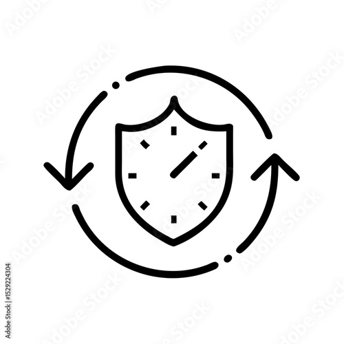 Illustration of a clock inside a shield, surrounded by arrows symbolizing protection over time