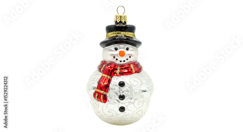 A cheerful snowman ornament adorned with a black hat and red scarf, perfect for holiday decorations in a cozy setting