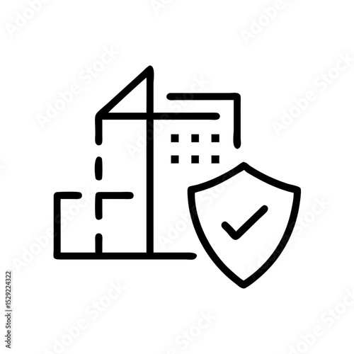 A building icon and shield with check mark, symbolizing property protection. The image uses simple lines and shapes
