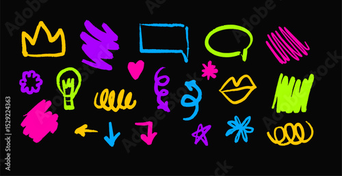 Set of neon hand-drawn doodle elements including arrows, speech bubbles, stars, hearts, crown, lips, lightbulb, and scribbles on black background.