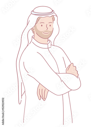 This artwork features an illustrated portrait of a confident Emirati man dressed in traditional attire and accessories