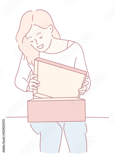 An individual enthusiastically unboxing a package while displaying a sense of curiosity and surprise at what is inside