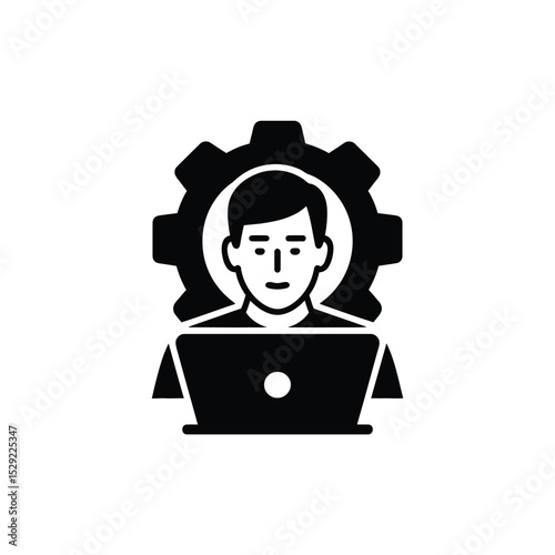 Man working on laptop with gear icon representing technical support or engineering